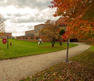 Robert S Wood Hall with fall foliage