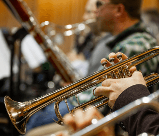 Students playing band instruments