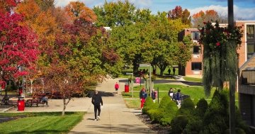 Fall day with students walking to class